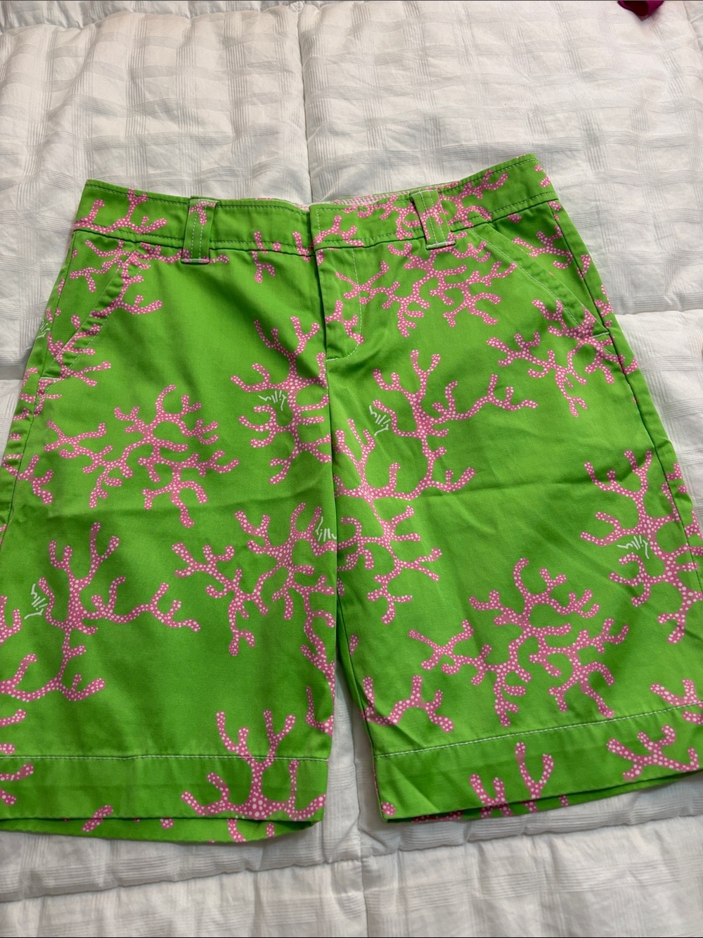 Lilly Pulitzer size 8 Bermuda shorts. Green with pink and white coral design